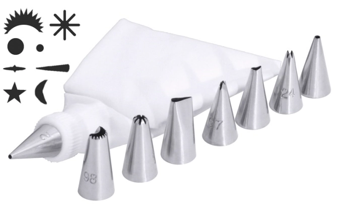 Minispritztüllen-Set mit 8 Tüllen, Adapter und Spritzbeutel