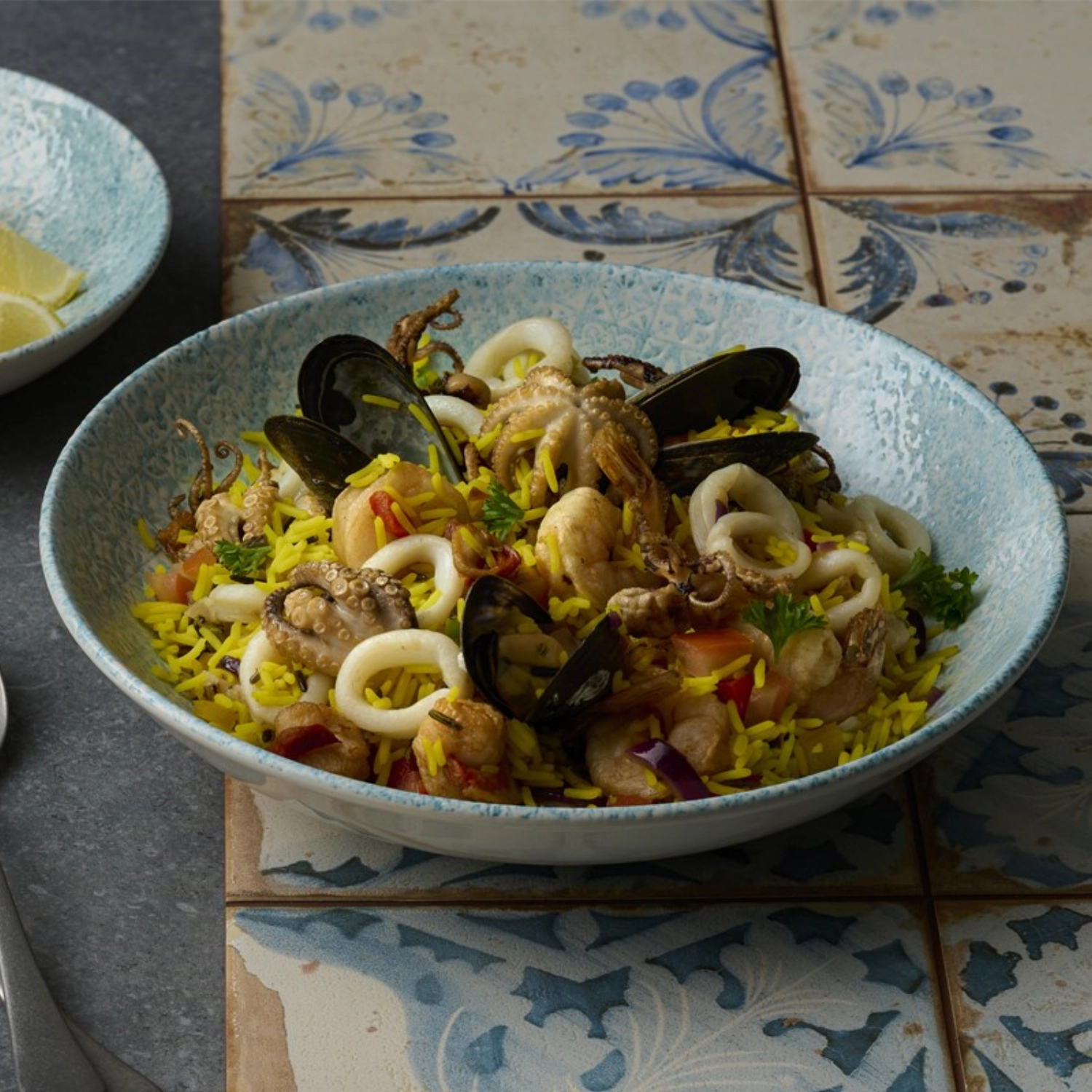 Vintage Prints Med Tiles Aquamarine Coupe assiette creuse