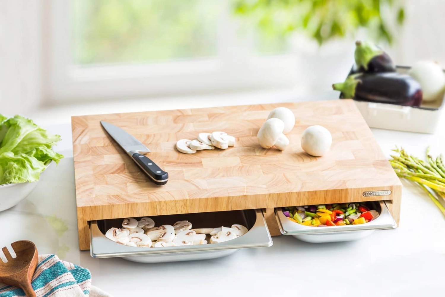 Gummibaum Schneidebrett mit 3 Edelstahl Schubladen