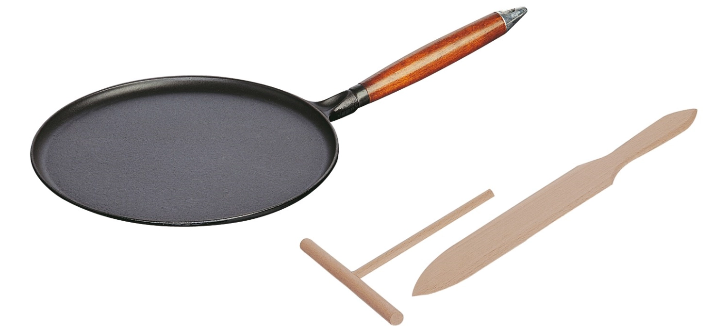 Crêpière noire avec manche en bois 3 pièces, 28 cm