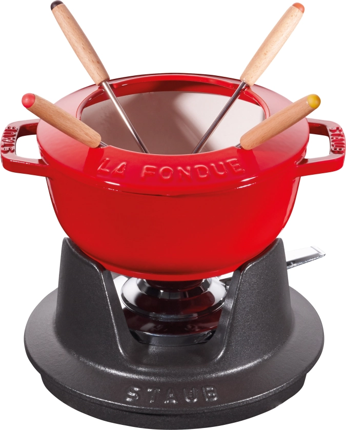 Service à fondue rouge cerise avec 2 poignées, rond. 16 cm
