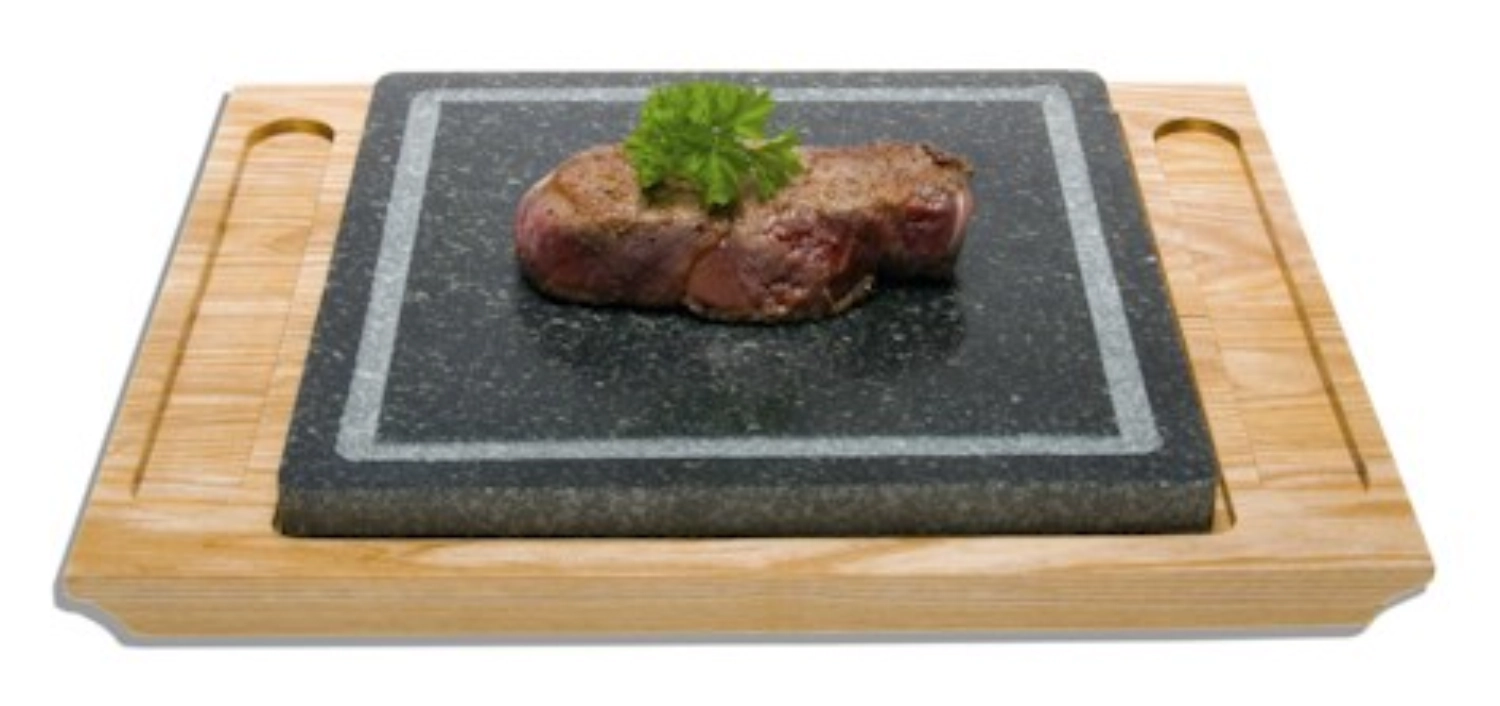 Assiette en stéatite avec sous-assiette en bois, 34x28cm