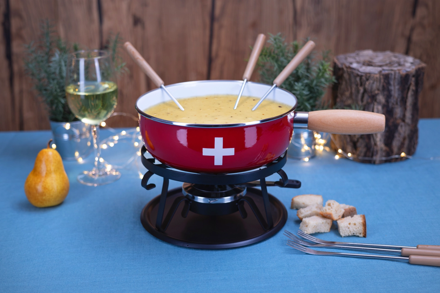 Set à fondue au fromage, émail  CH-Croix ,9 pièces,Ø22 cm,