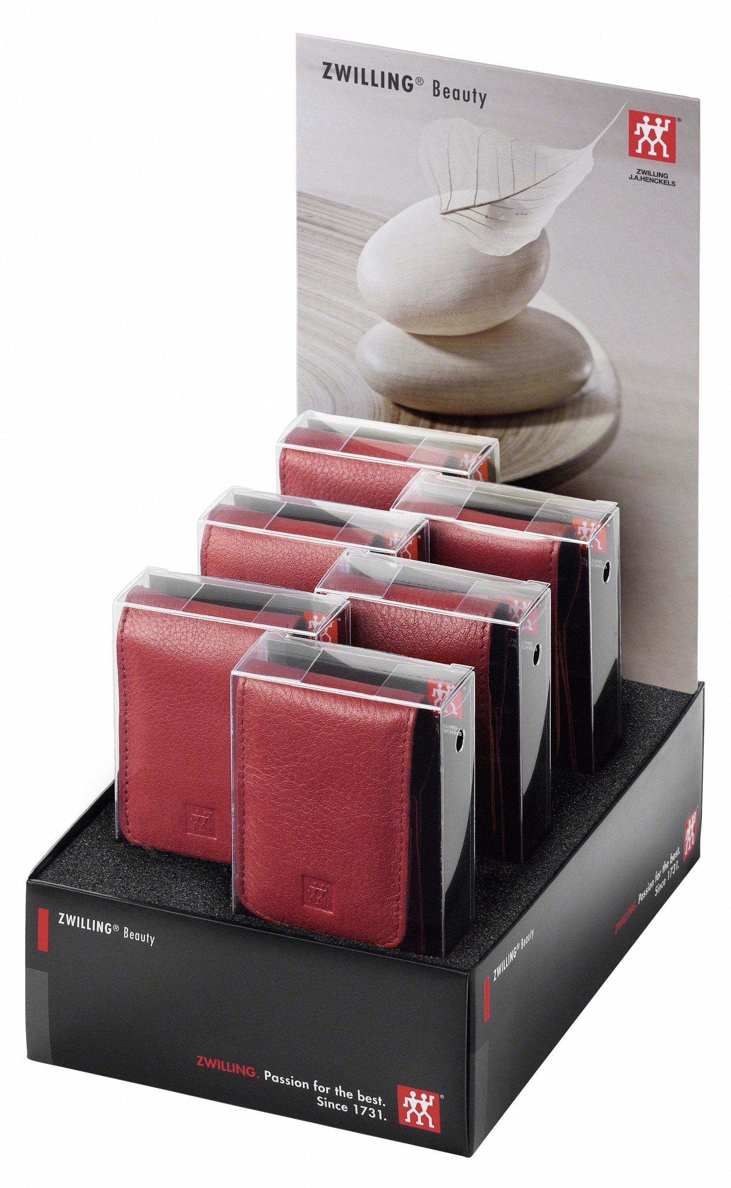 Présentoir avec 6 étuis de poche en rouge