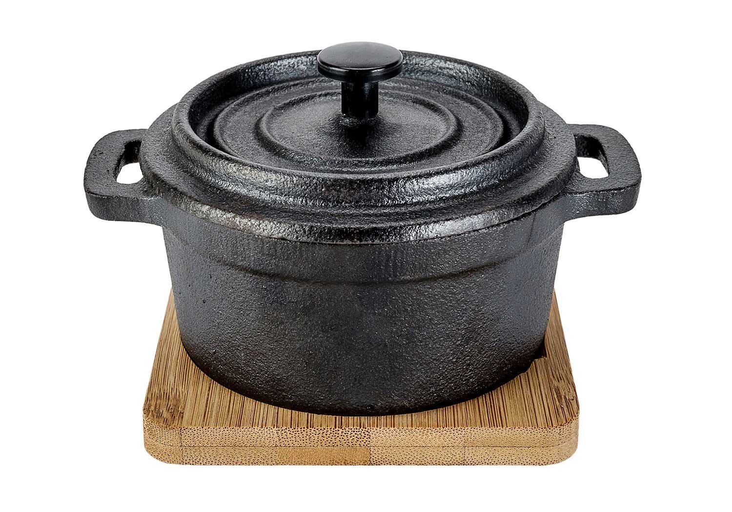 Gusseisentopf mit Bambus Untersetzer, 13.5x10.5x8cm