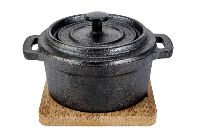 Gusseisentopf mit Bambus Untersetzer, 13.5x10.5x8cm