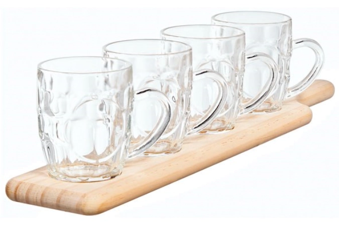 4 Biergläser mit Holzbrett, 48x10cm, 2.85 dl