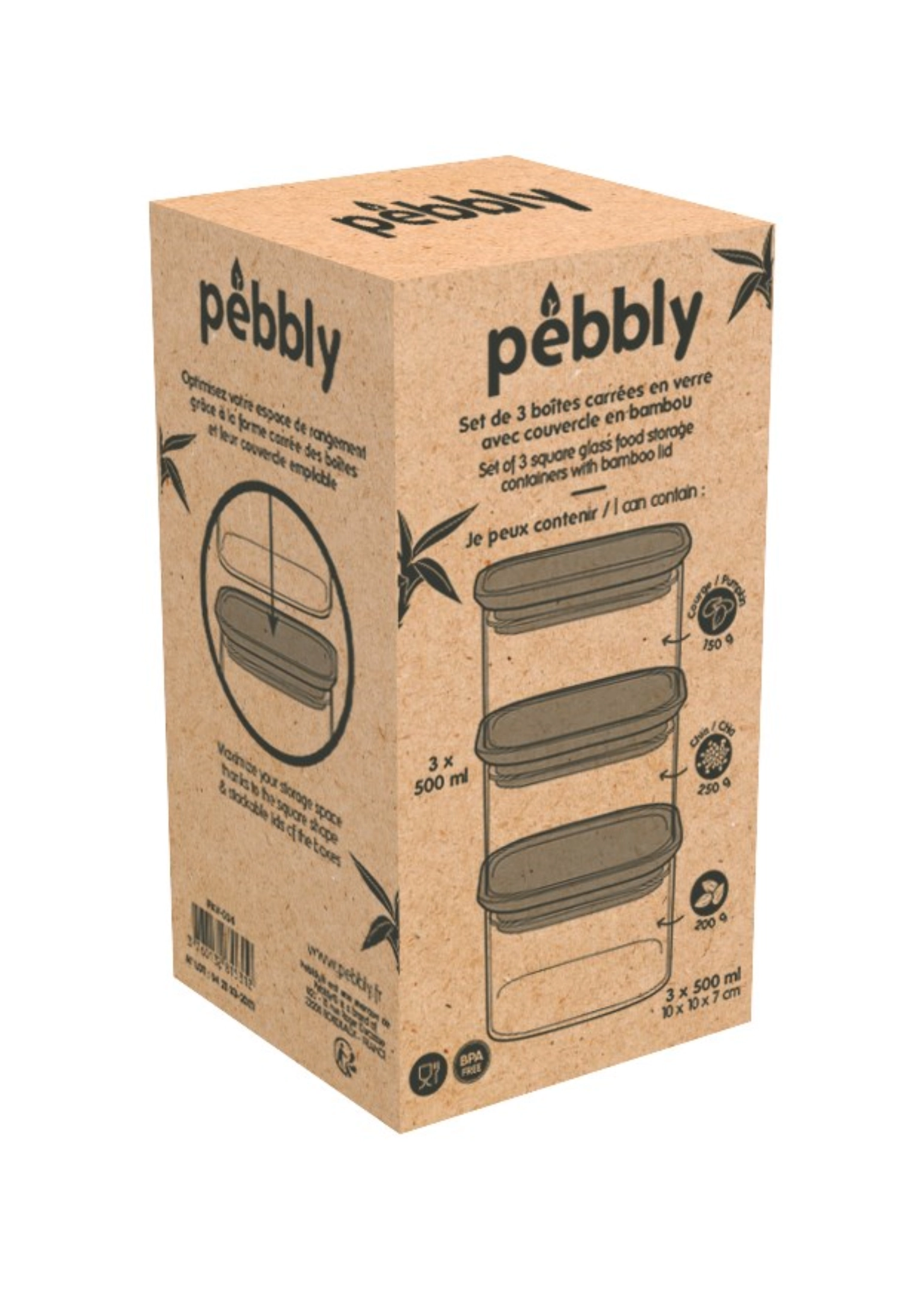 Set de 3 bocaux pebbly avec couvercle en bambou 0.5lt