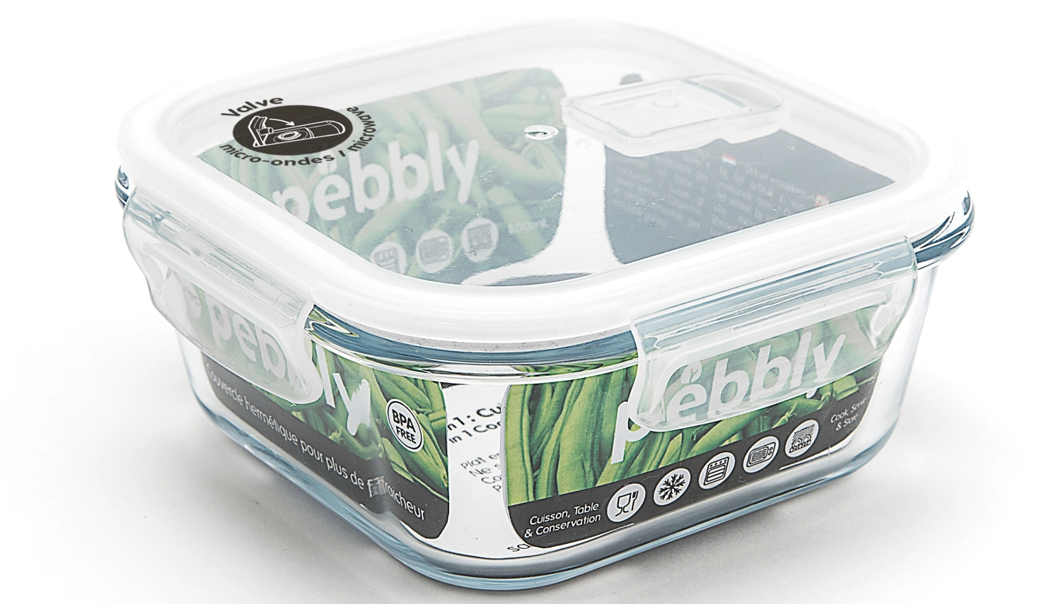 Pebbly boîte à provisions en verre avec valve, carrée 80cl