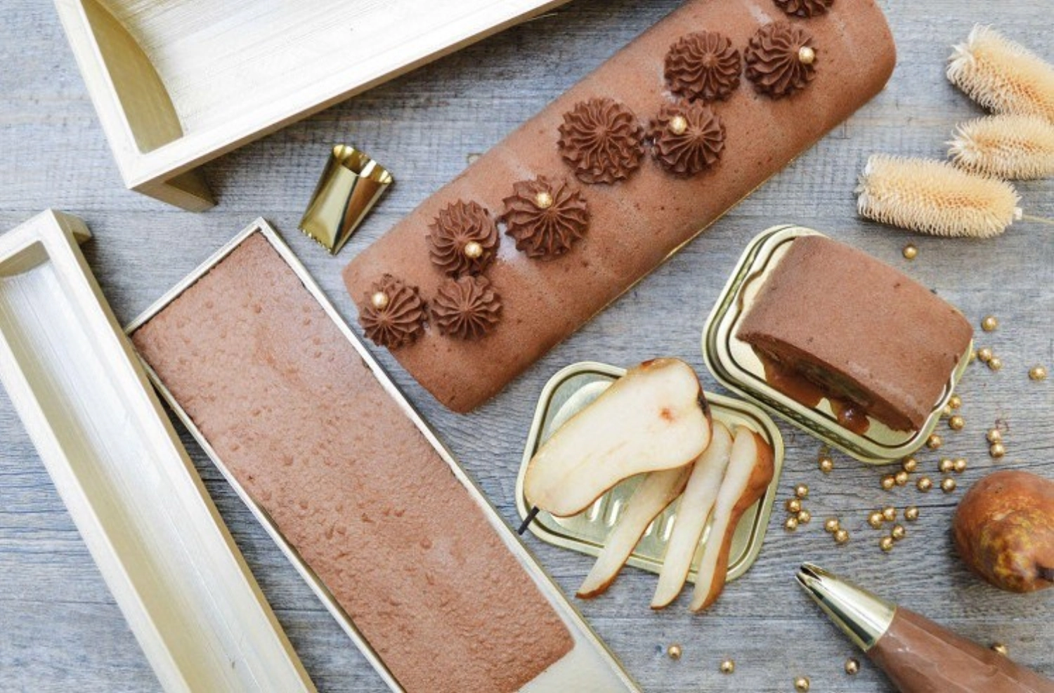 Boîte à bûche 3x avec moules en silicone avec bûche