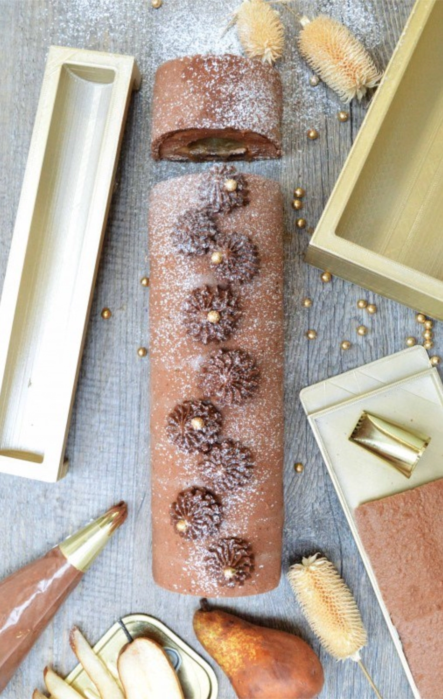 Boîte à bûche 3x avec moules en silicone avec bûche