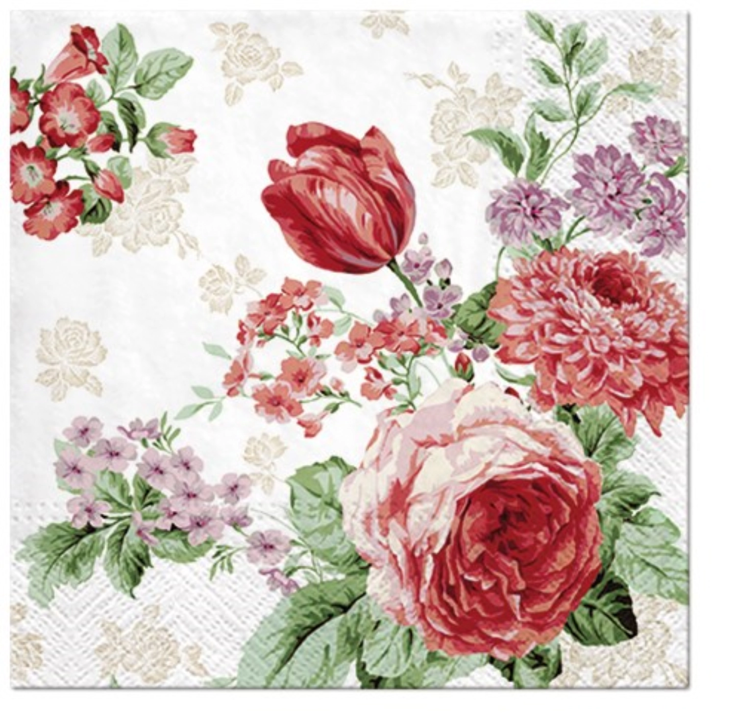 Serviettes lunch 20x roses rouge/lilas, 33x33cm