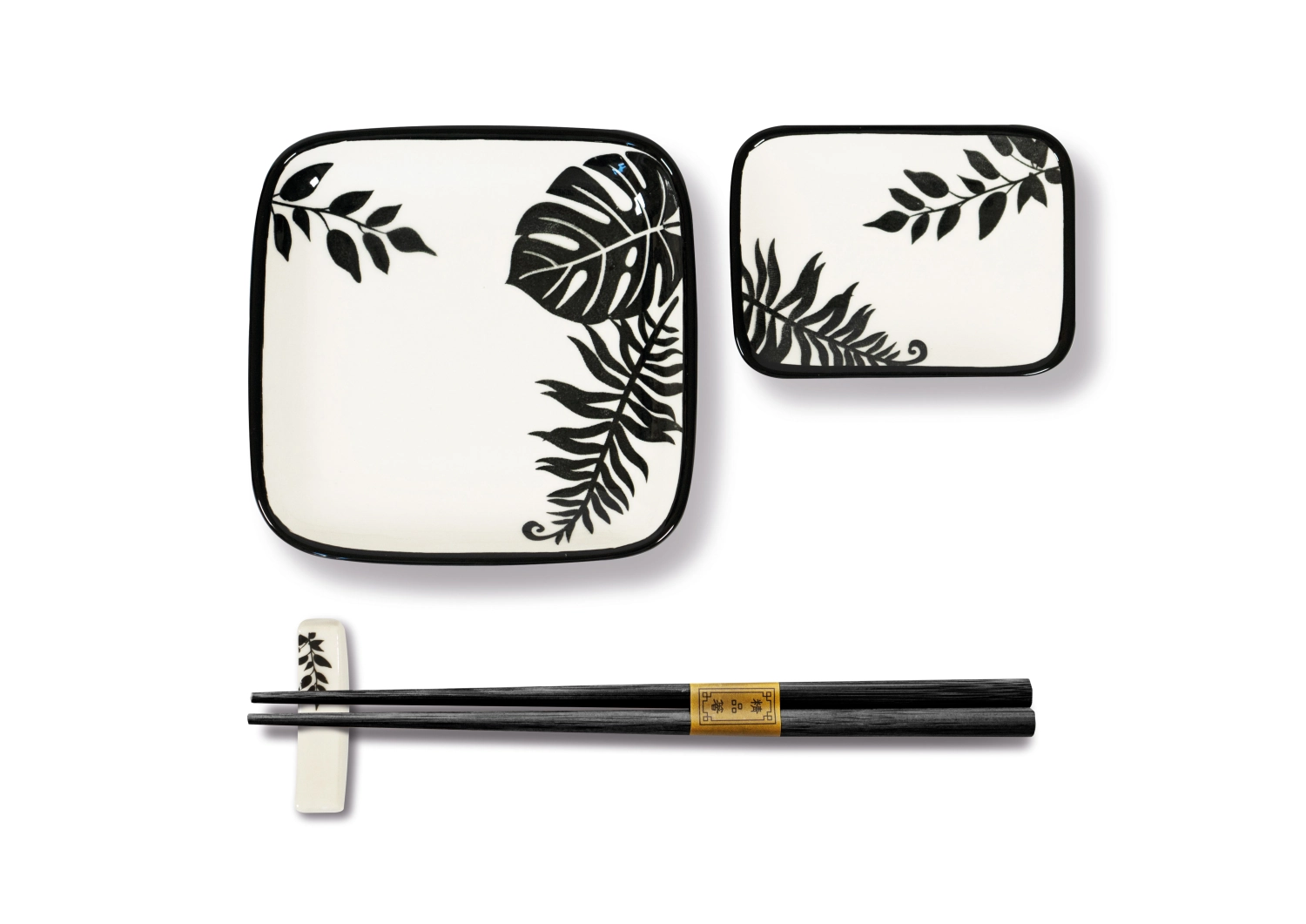 2er Set Teller eckig mit Stäbchen und Ablage, blau