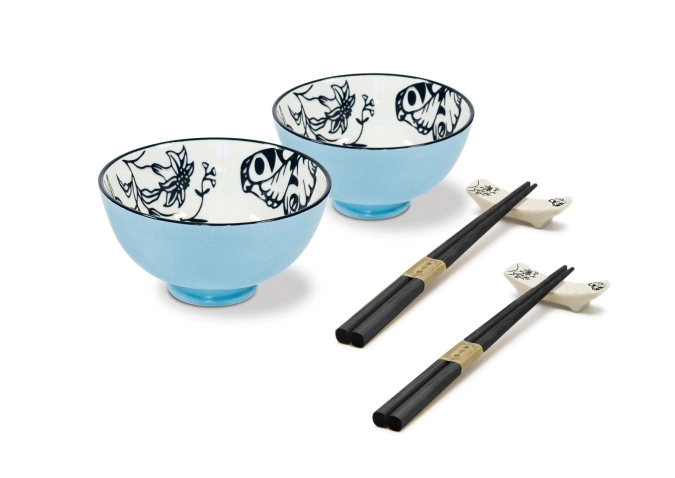 Set de 2 bols a. baguettes et support, bleu