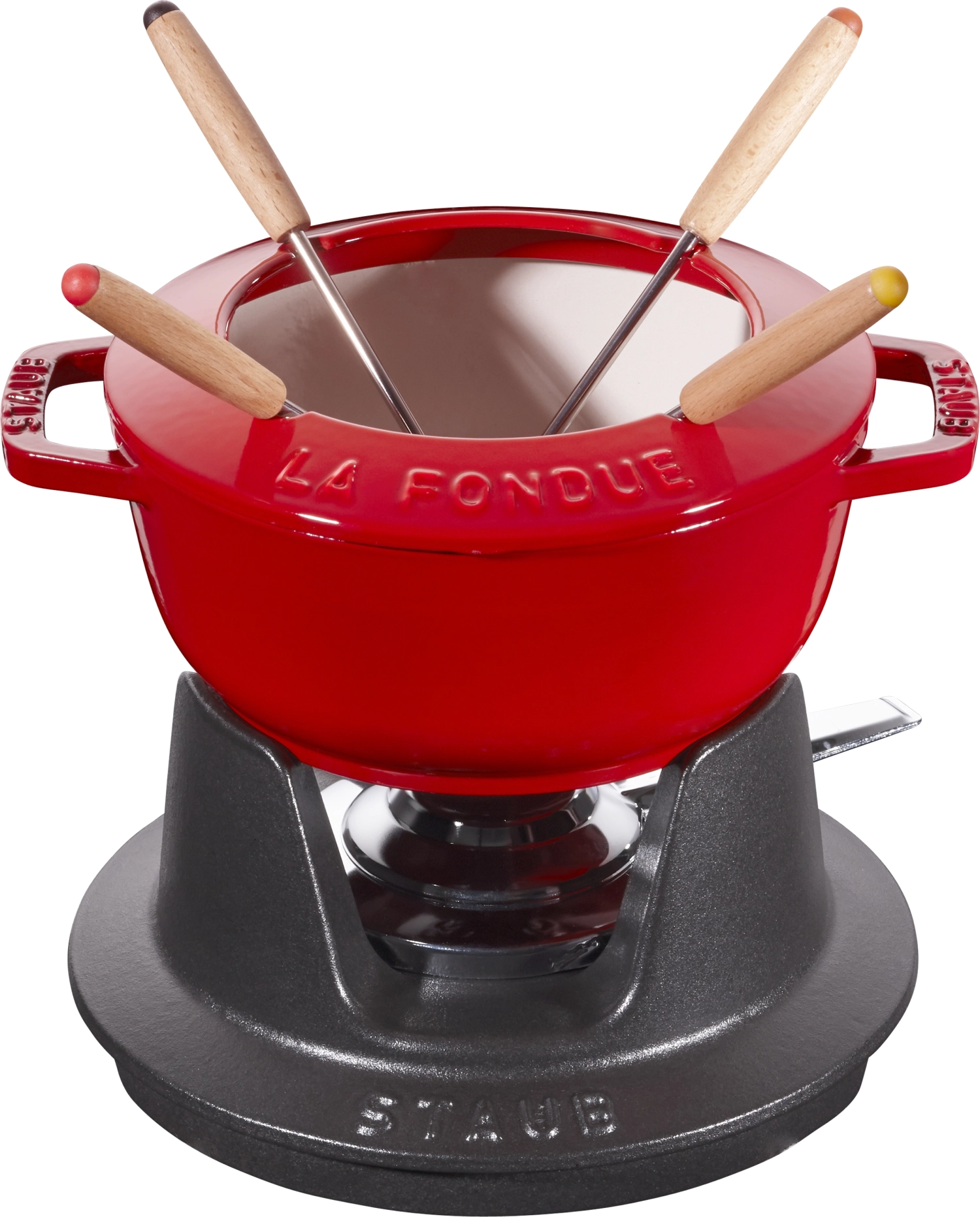 Service à fondue rouge cerise avec 2 poignées, rond. 16 cm