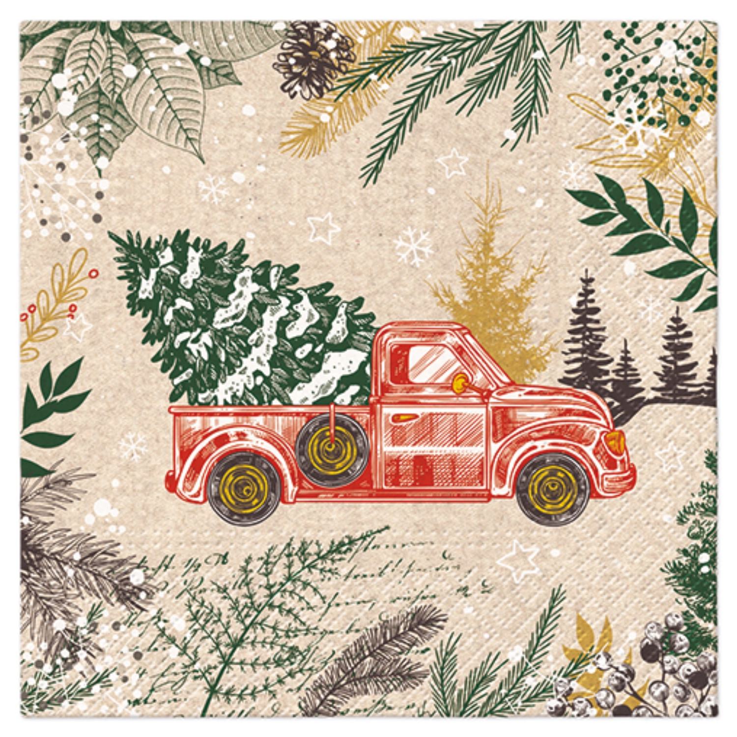 Serviettes Lunch 20x We care Vintage Christmas Car, 33x33cm